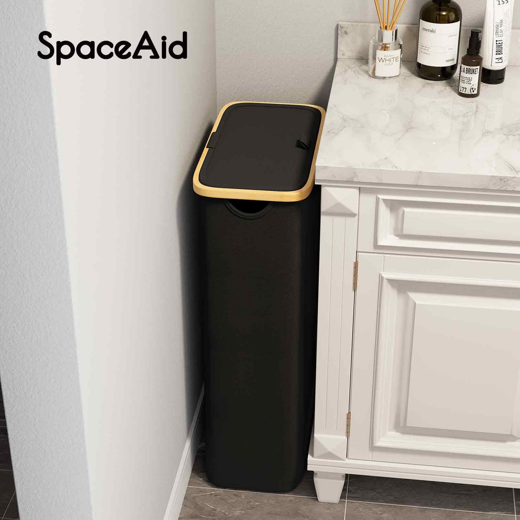 Slim Laundry Hamper with Lid, 65L Narrow Clothes Basket Bin with Bamboo Handles, Skinny Tall Collapsible Hamper