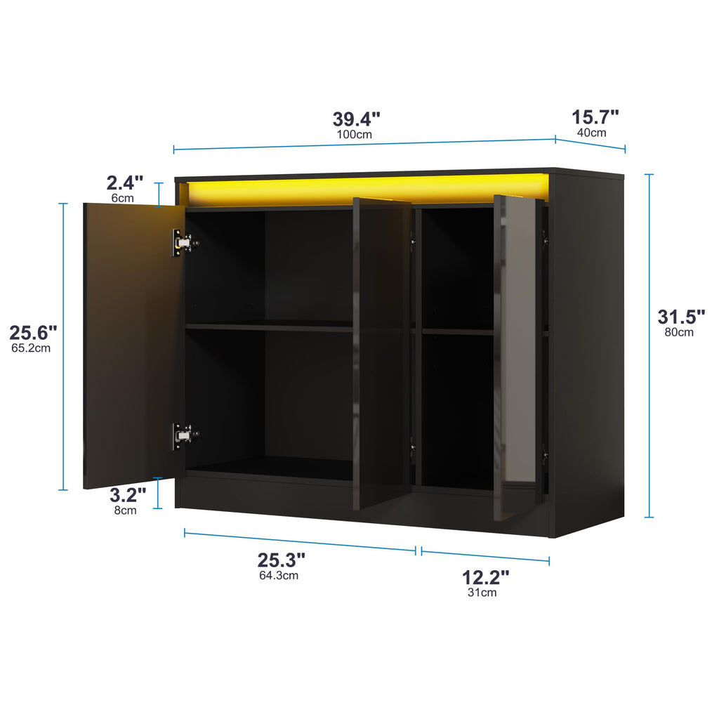 High Gloss Buffet Cabinet with LED Lights & Charging Station, Black