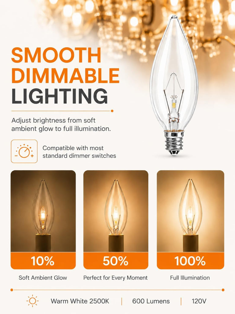E12 60 Watt Incandescent Candle Light Bulbs, Chandelier Light Bulbs for Ceiling Fan, Vanity, Outdoor - Warm White