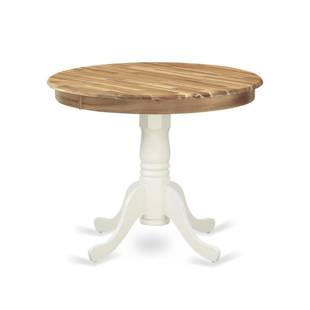 AMT-NLW-TP Antique Dining Table - a Round Wooden Table Top with Pedestal Base, 36x36 Inch, Natural & Linen White