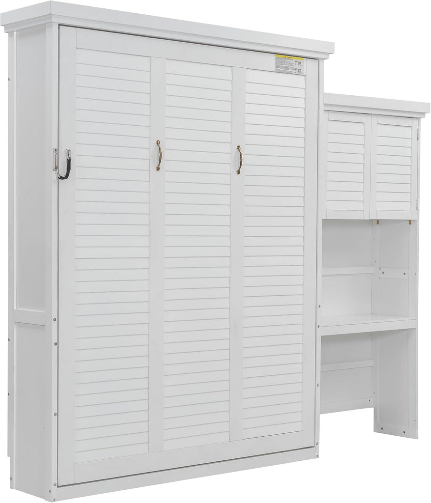 Queen Farmhouse Murphy Bed with Storage Cabinet and Shelves, Wooden Hidden Foldable Wall Bed Frame, Murphy Wall Bed