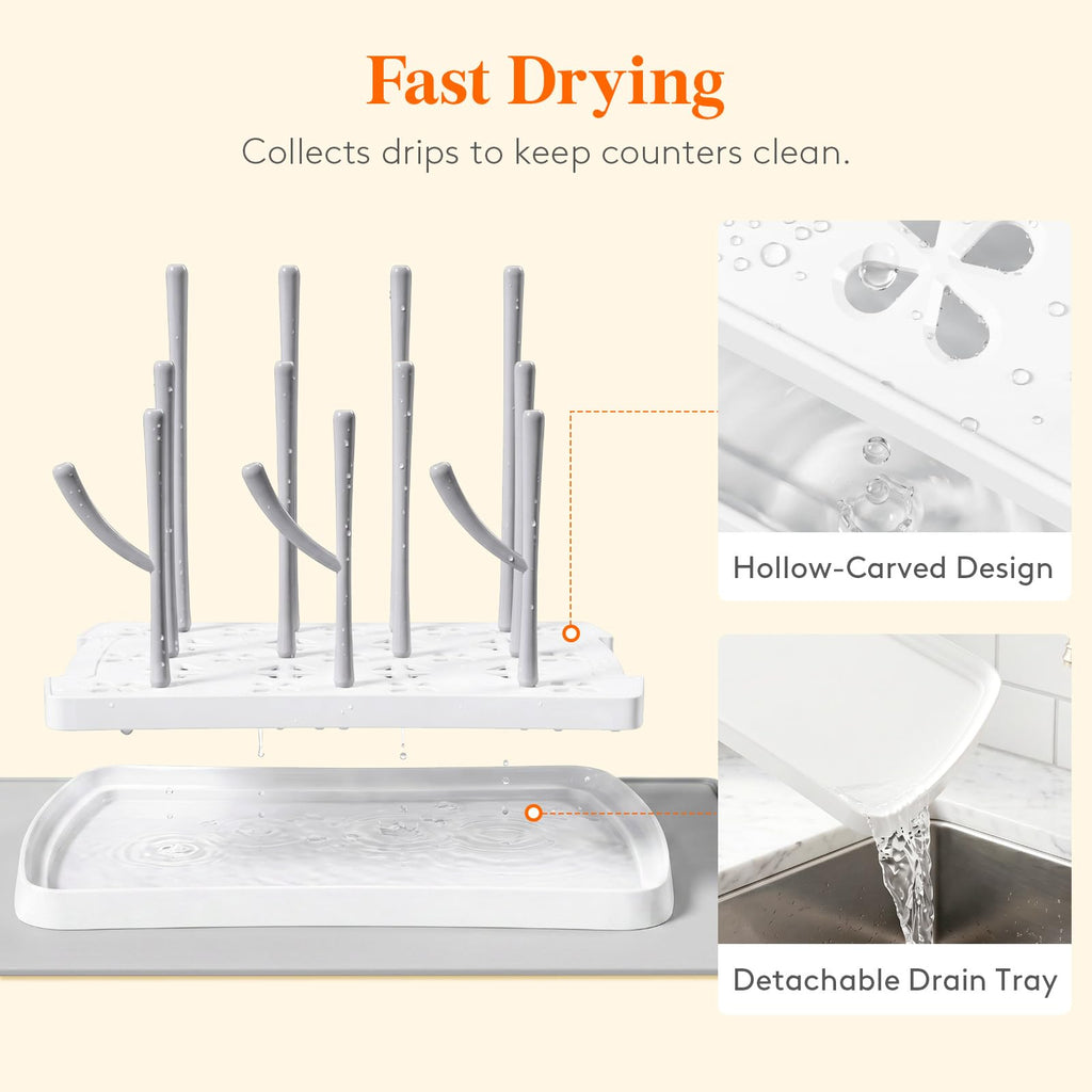Portable Baby Bottle Drying Rack with Drain Mat & Tray, BPA Free