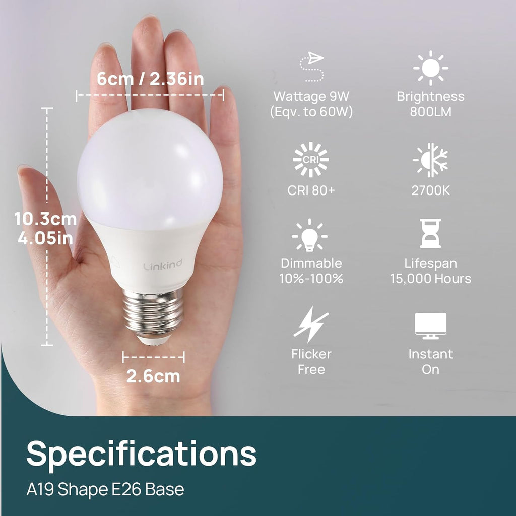 A19 LED Light Bulbs Dimmable, 60W Equivalent, Energy Efficient 9W, 2700K, 800 Lumens, E26 Standard Base, Lighting for
