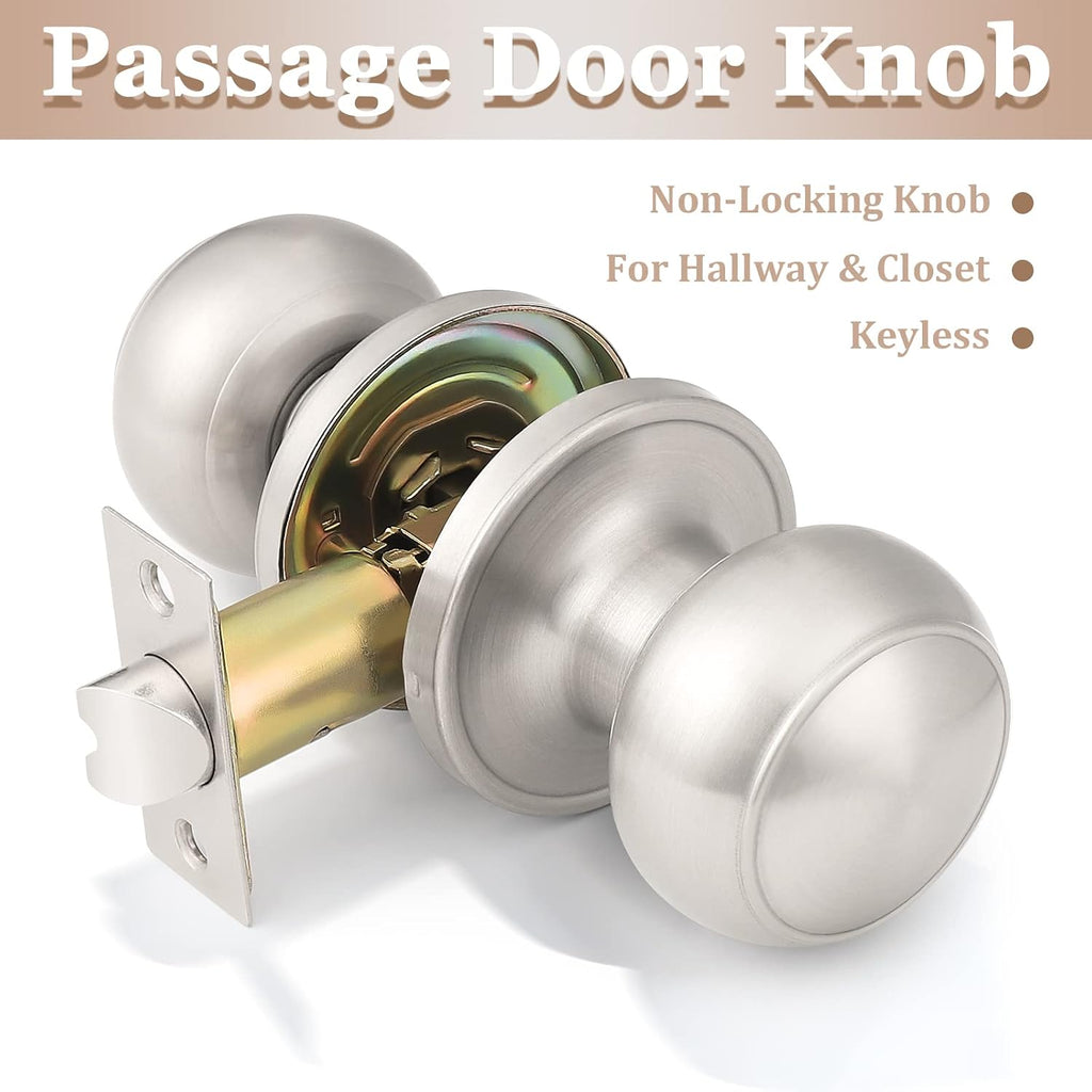 2 Pack Round Passage Door Knob (Non-Locking Knobs), Keyless Door Knobs Interior/Exterior Door Lockset, Passage Knobs