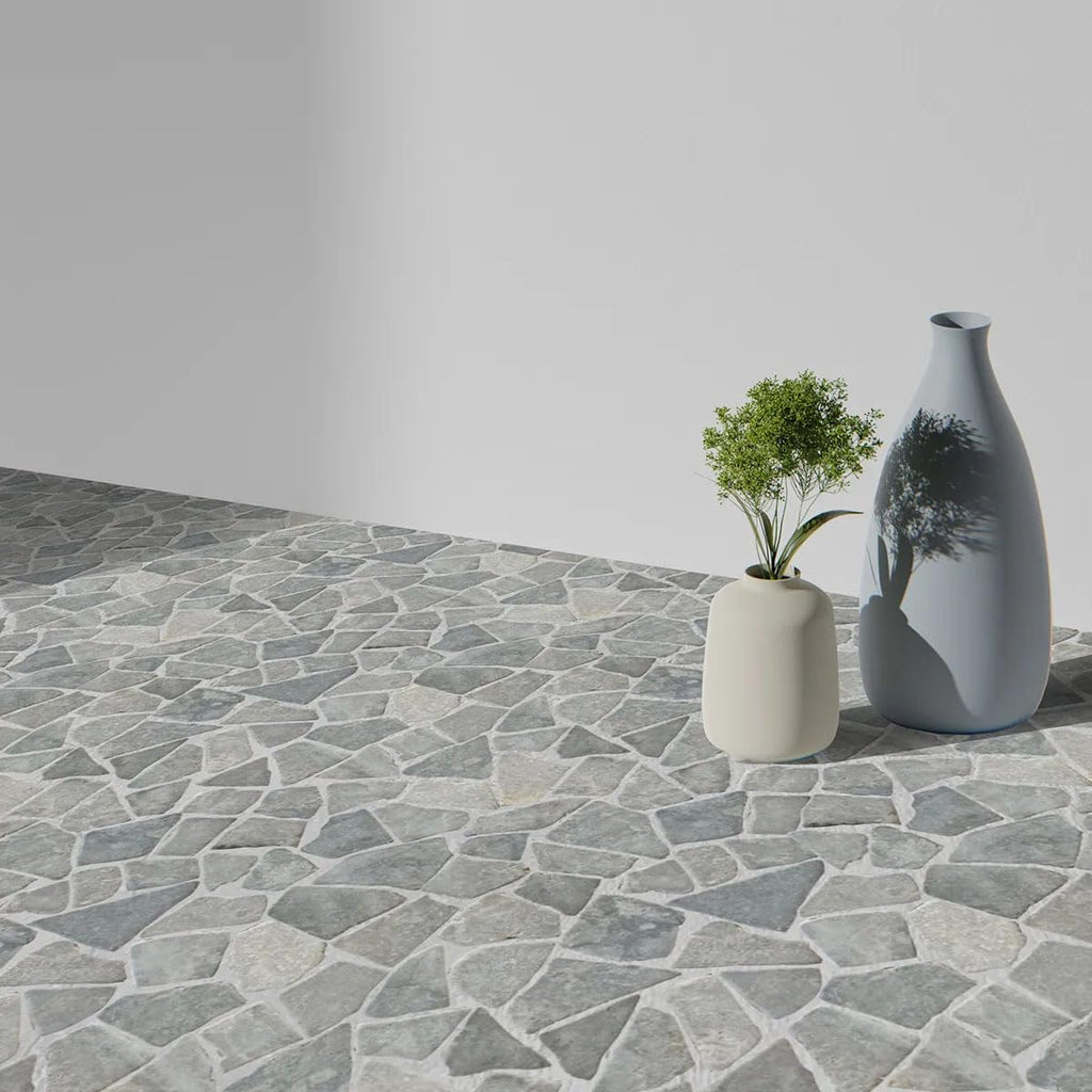 Ash Grey Random Mosaic, Tumbled Stone Back Splash Tiles Walls, Shower and Bathroom Floors, and Outdoor Areas (11.4" X