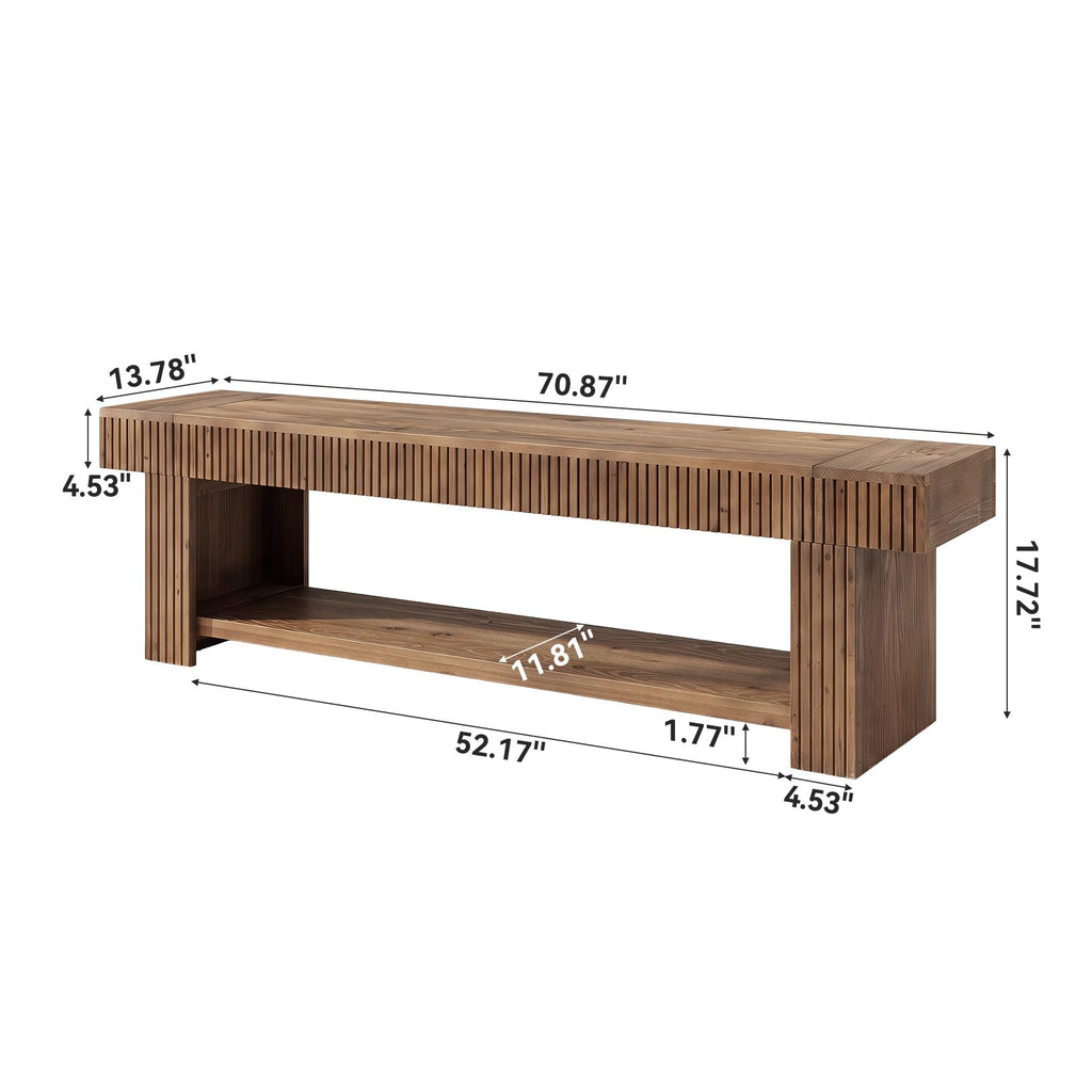 71 Inch Fluted Solid Wood Entryway Bench with Storage Shelf, Rustic Farmhouse Wood Shoe Bench, Long Console Bench