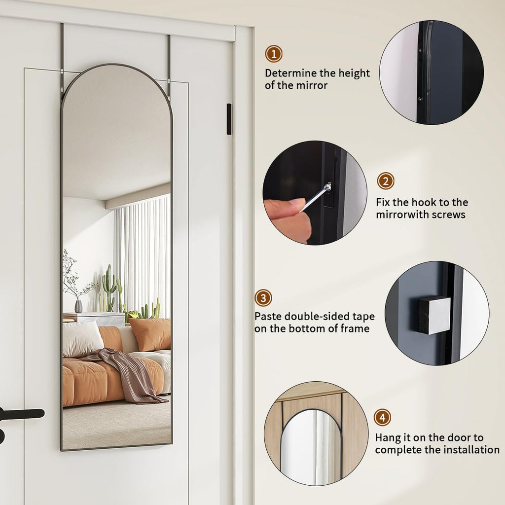 Door Mirror, Over The Door Arched Full Length Mirror, 48"x14" Hanging Mirrors, Black