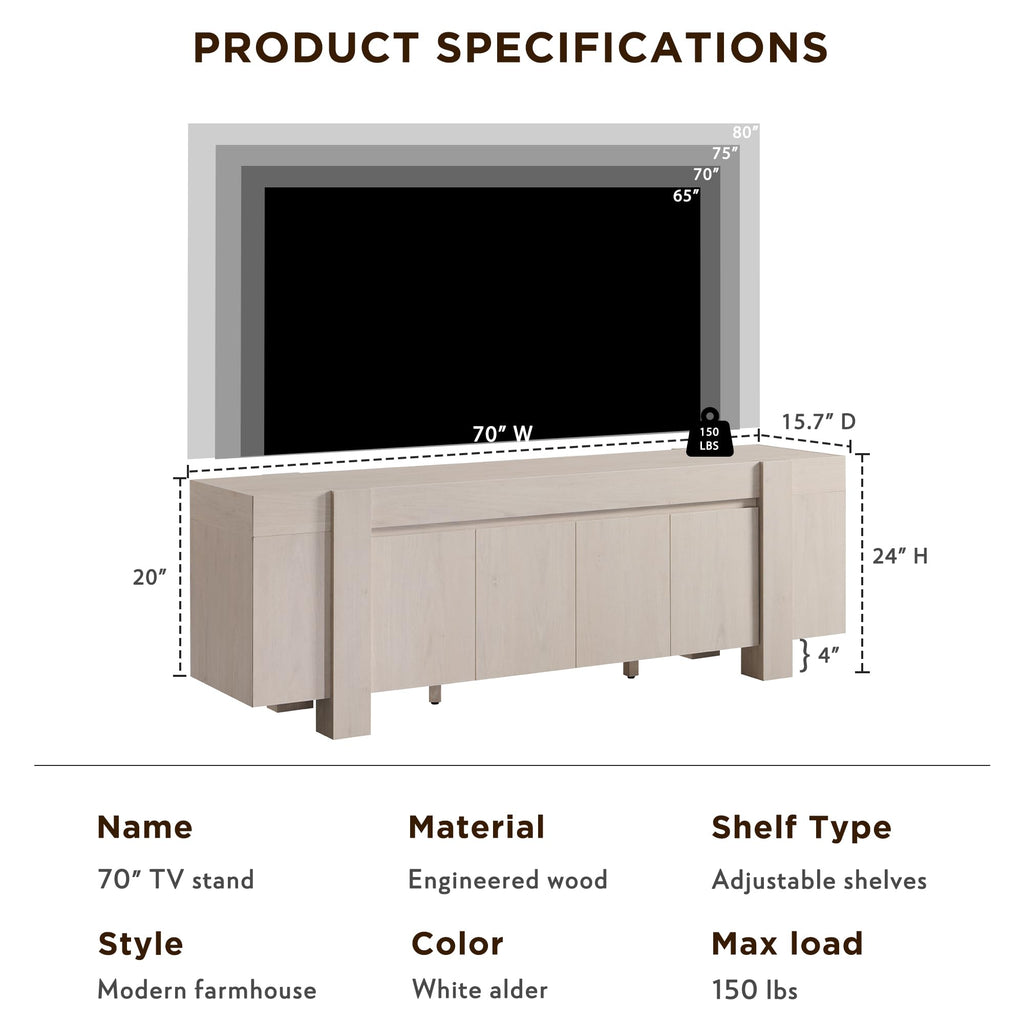 70" Modern Farmhouse TV Stand for TVs up to 80 Inch, White Alder