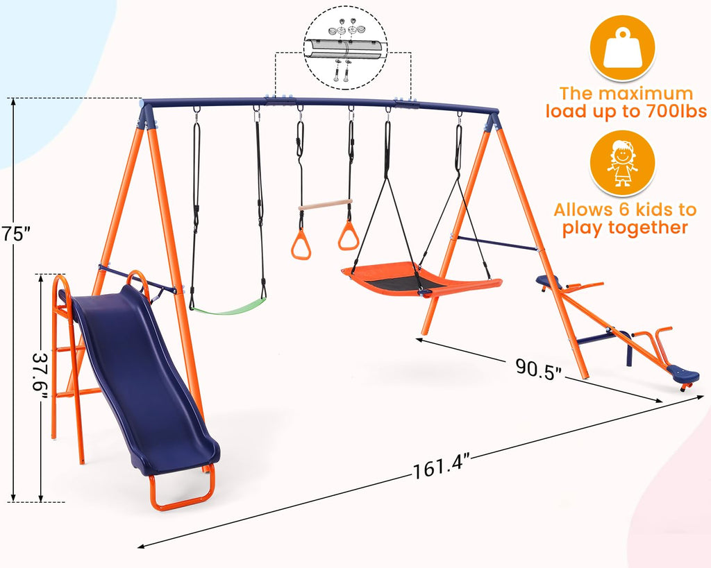 Swing Sets for Backyard with Slide - 700 lb Metal Outdoor Playset