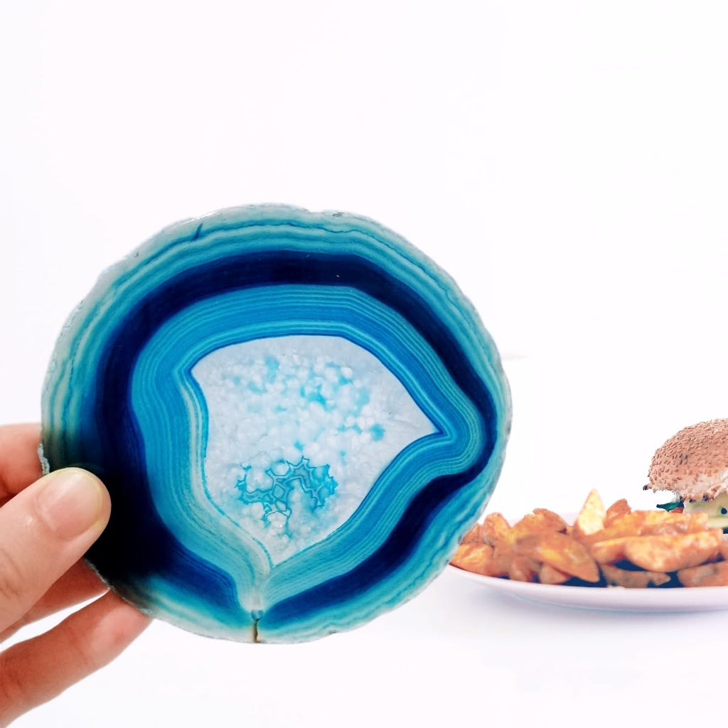 Coasters Set of 4 Agate Coaster Teal Irregular Dyed 4-5" for Drinks Coffee Wine Bar Glasses with Rubber Bumpers
