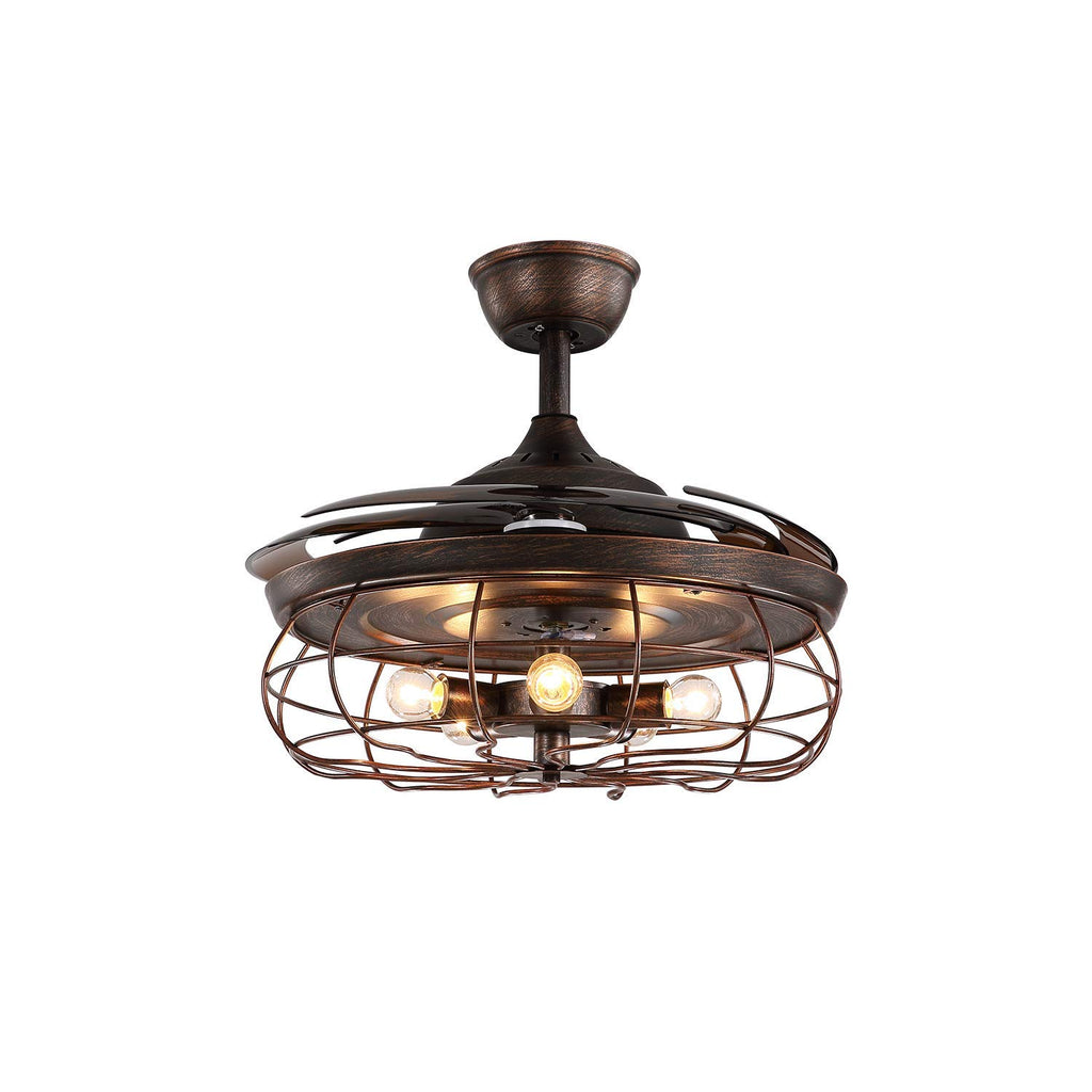 48 Inches Retractable Caged Ceiling Fan with Lights, Reverse Industrial Rusty Fandelier Fan Chandelier with Remote