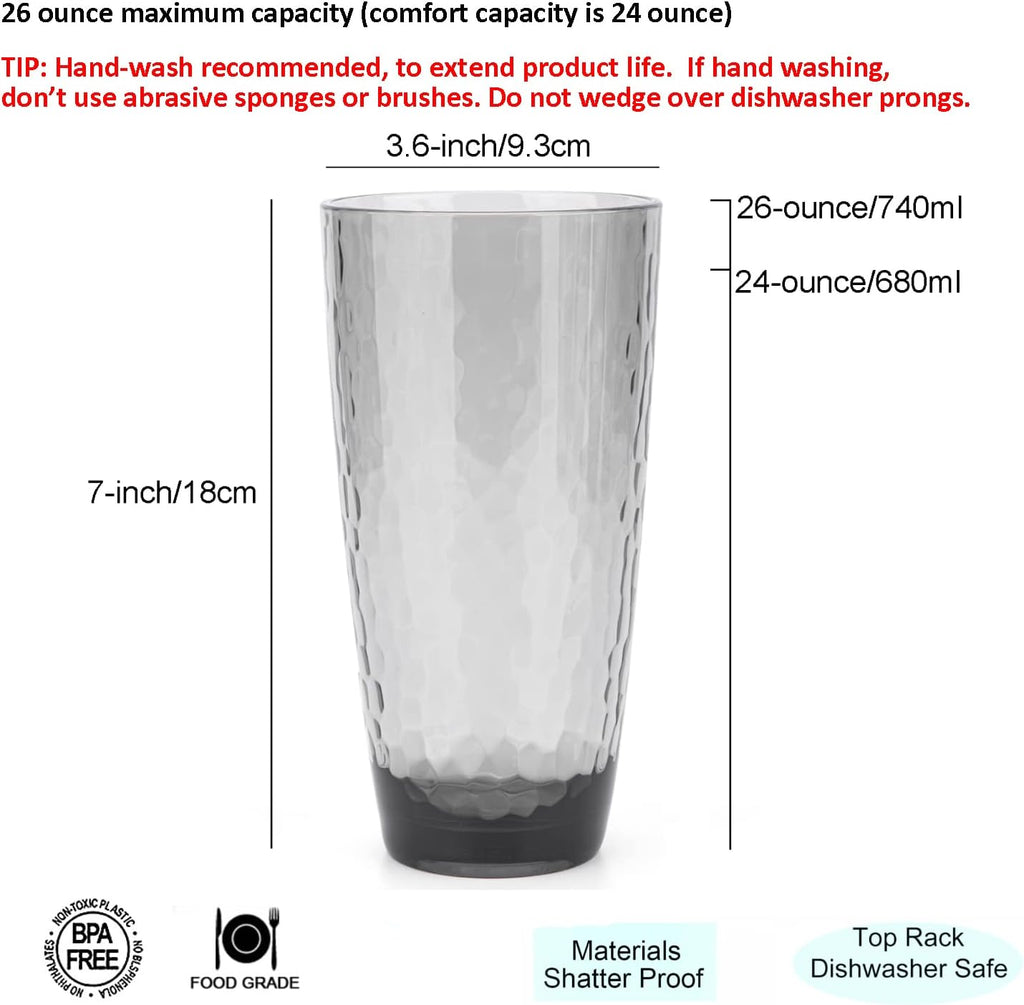 Hammered 15-ounce and 26-ounce Plastic Tumbler Acrylic Glasses, set of 8 Smoky Grey
