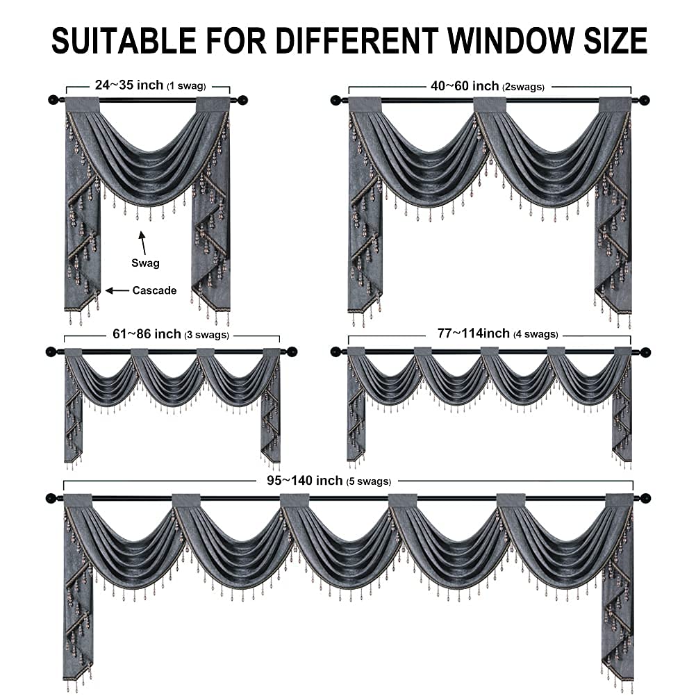 Grey Chenille Waterfall Valance 4 Hollow Swags Curtain Valance, Rod Pocket, 1 Panel