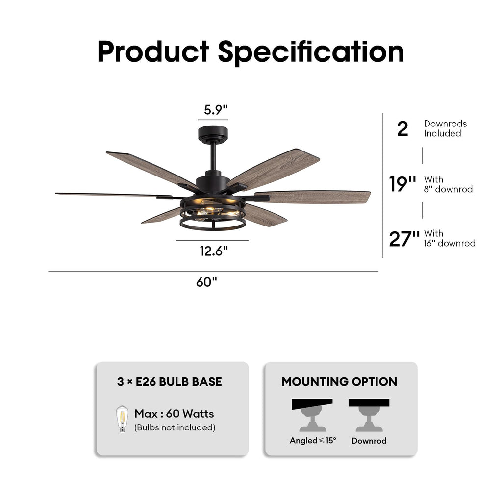 60 Inch Ceiling Fans with Lights and Remote Control, Farmhouse Ceiling Fan Living Room and Patio, Black Caged Ceiling