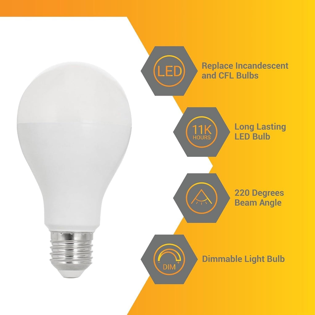 A21 LED Light Bulb 18W (150W Equivalent) 2600 Lumens Dimmable 3000K Soft White E26 Medium Base 220° Beam Angle UL