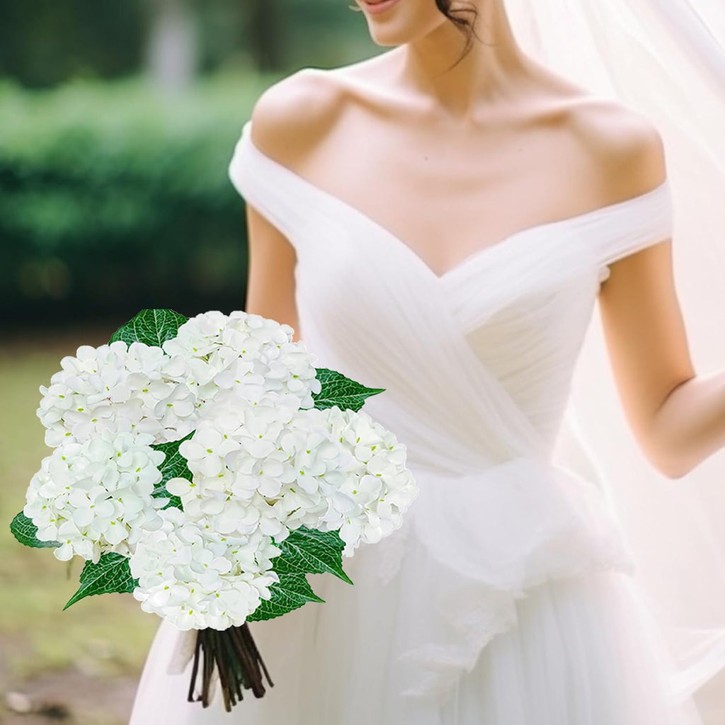 Premium White Hydrangea Artificial Flowers Bouquets, Ivory Silk Hydrangea Flowers Heads with Stems, Fake - Set of 6
