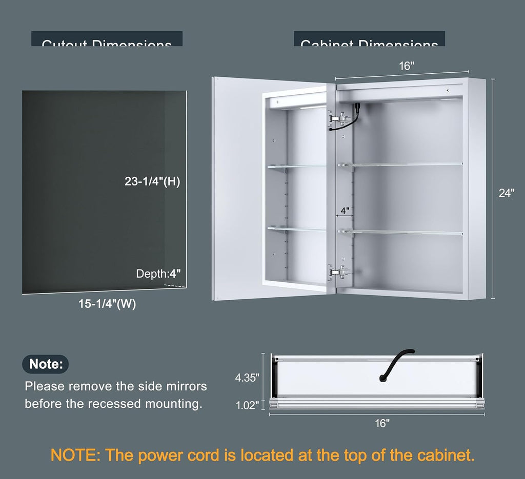 16x24 Inch Medicine Cabinet with Lights, Lighted Medicine Cabinet with Mirror, AL Alloy Frame, Hardwired, Recessed or
