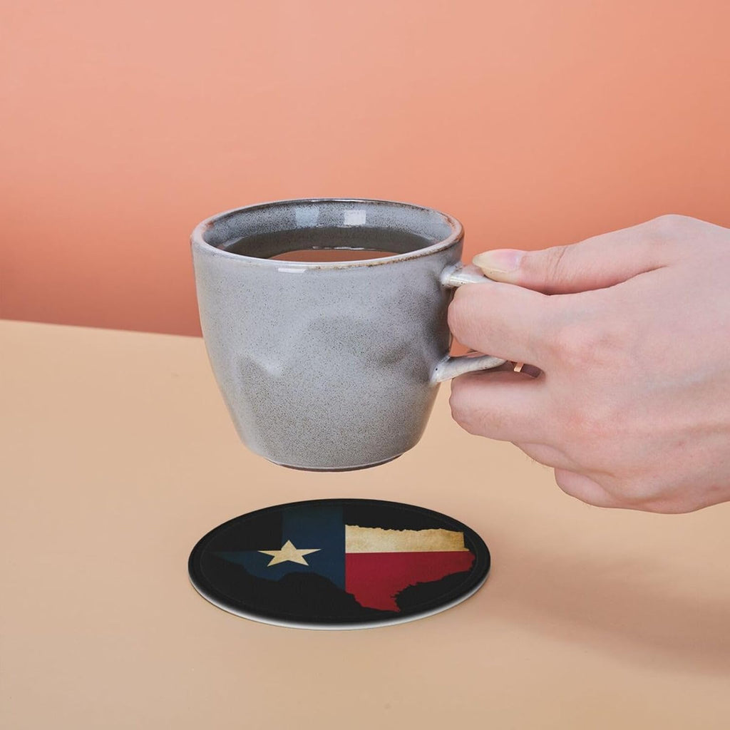 Texas Flag Coasters for Drinks with Holder Round Leather Coasters Cups Mugs Mat Pad Kitchen Bar - Set of 6