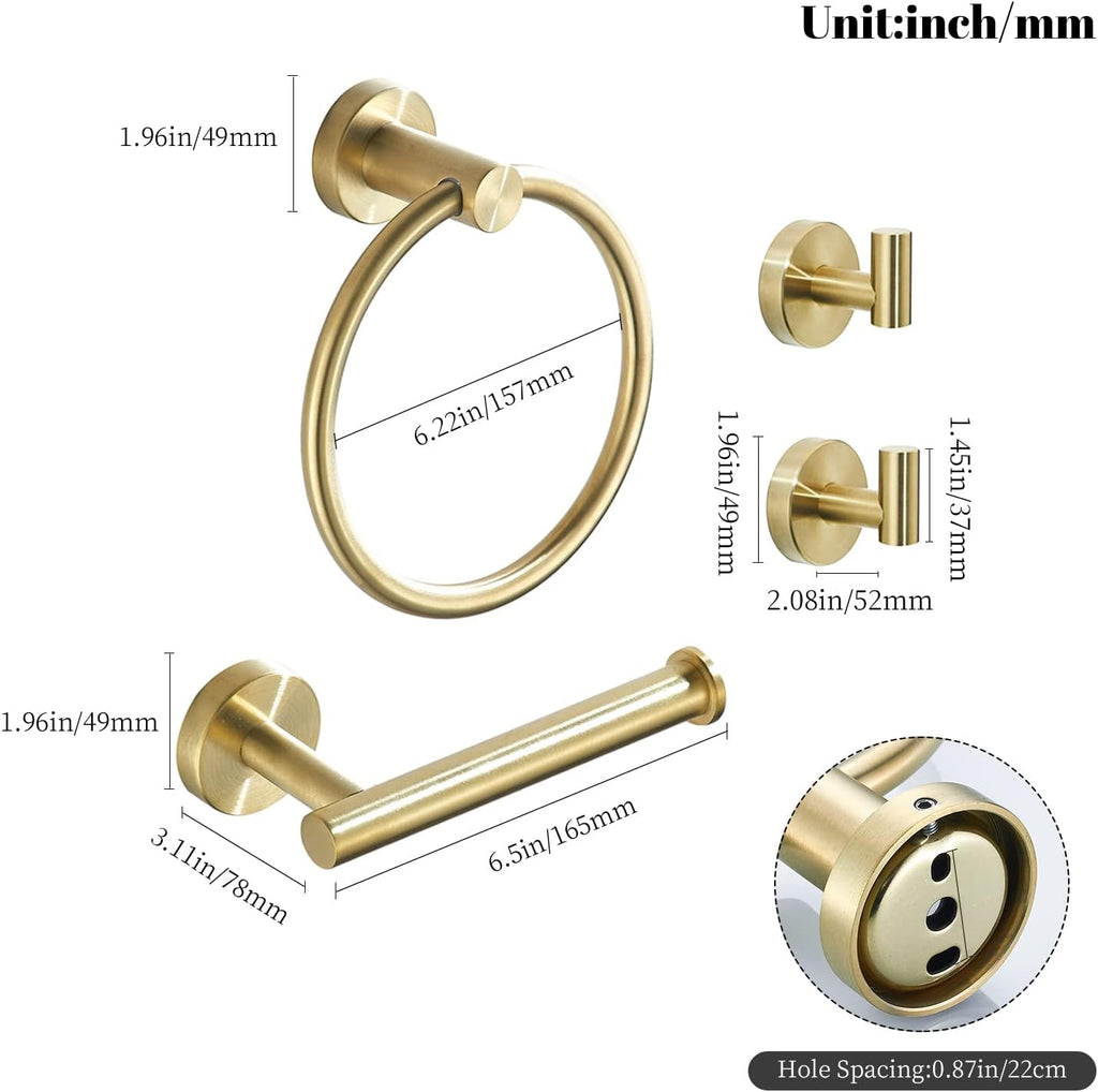 Gold Bathroom Hardware Set, Brushed Gold Toilet Paper Holder Towel Ring and 2 Robe Hook Bathroom Accessories Hand