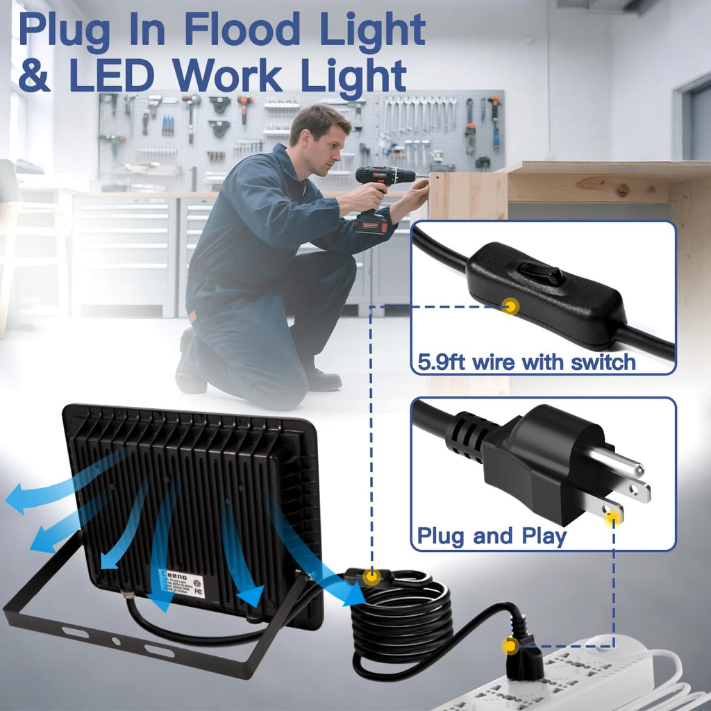 2 Pack 60W Plug in LED Flood Light Outdoor, 6000lm Super Bright Floodlight with Switch and 5.9FT Wire, IP66