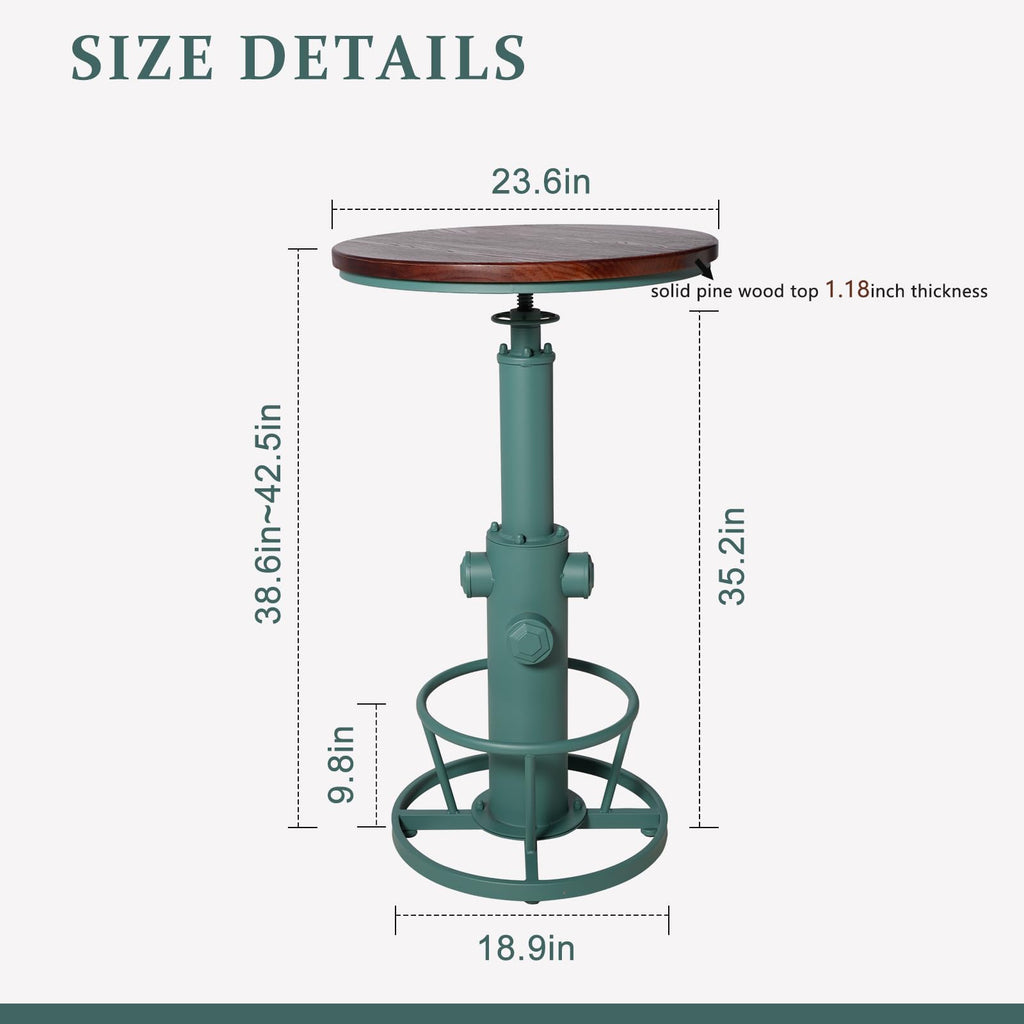 Industrial Bar Table 38.6"-48.4" Adjustable Swivel Top 23.7" Dia (Green)