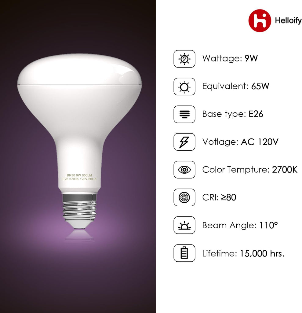 BR30 LED Flood Light Bulb, 9W, 65W Equivalent, 2700K Soft White Light, Energy Saving Lamp for Office/Home, Non