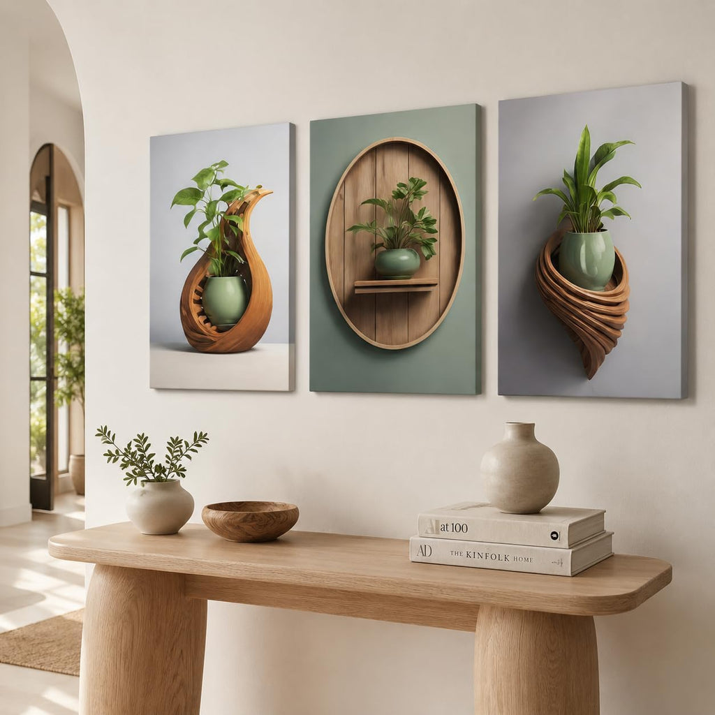 3 Piece Wall Art 16 x 20 Inches, Framed Canvas Set, Modern Botanical Vase Wall Decor Bedroom Office Hallway, Neutral