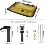 22 Inch Bathroom Vessel Sink Basin with Waterfall Faucet and Pop-Up Drain Combo,Gold Rectangular Glass Sink Bowl Above