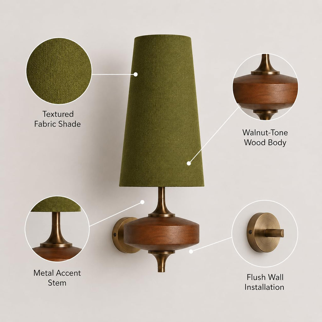 Vintage Mid-Century Wall Sconce, Solid Wooden & Fabric Wall Lamp, E14 LED Wall Light (38×15cm)(Green)