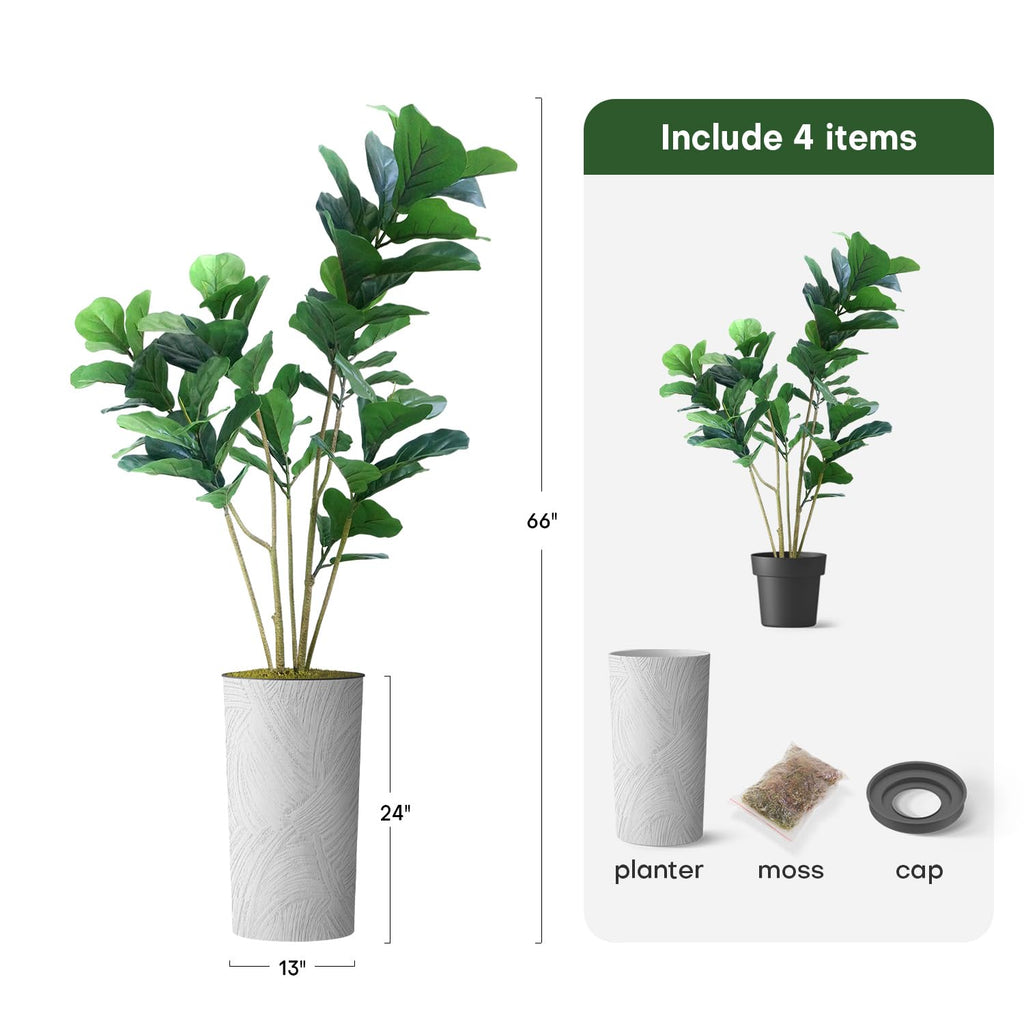 Artificial Tree in White Marble Effect Planter, Fake Ficus Lyrata Silk Tree for Indoor and Outdoor Home Decoration