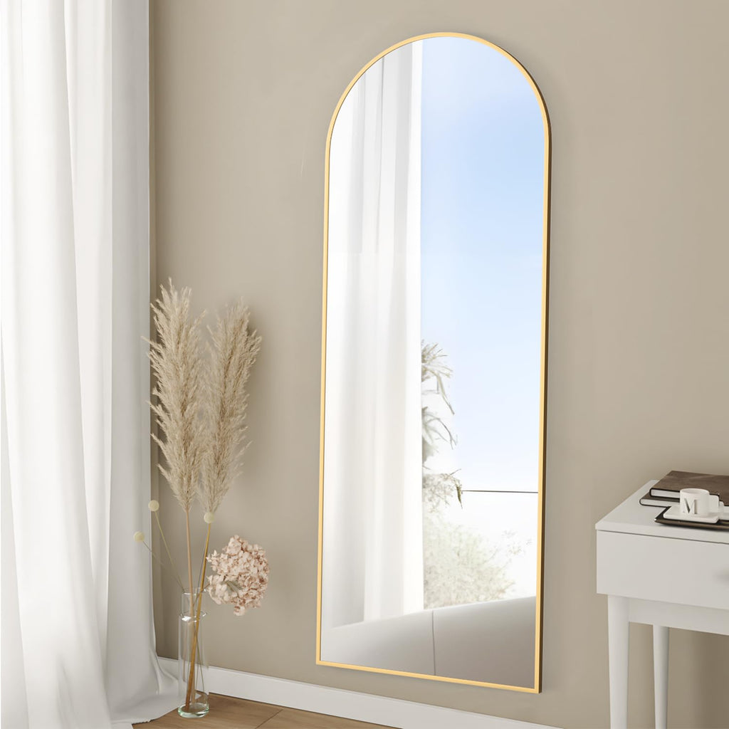Full Length Mirror, 64"x21" Arch Mirror Floor Mirror with Stand, Gold Arched Full Body Standing or Leaning Mirror