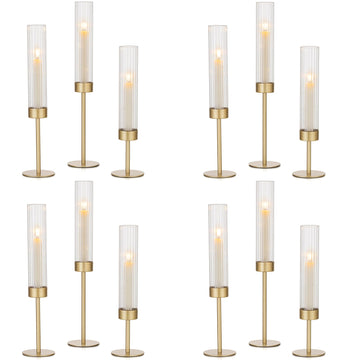 Gold Hurricane Candle Holders: 12 PCS Brass Tall Candlestick Taper Candle Holders Bulk for Candlesticks Candle Sticks