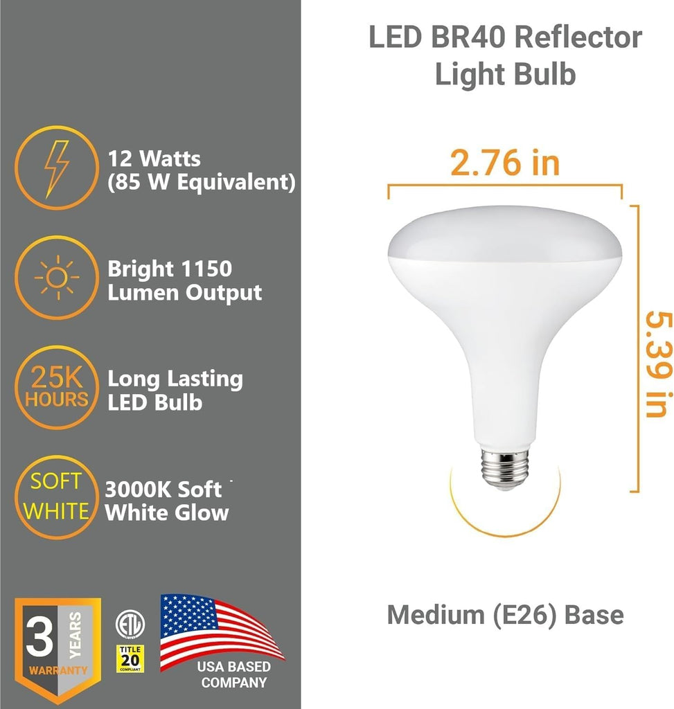 BR40 LED Light Bulb 13W (85W Equivalent) 1150 Lumens 3000K Soft White E26 Medium Base Dimmable Damp Rated Pack of 6