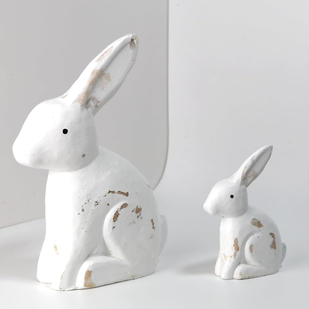 Wooden Easter Bunny Figurines, Tabletop Rabbit Decor for Spring & Easter Home Decoration, White Painted & Natural - Set of 2