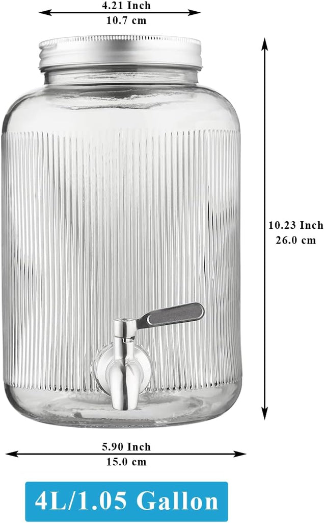 Glass Drink Dispenser for Fridge, 1 Gallon Beverage Dispenser with Leakproof Stainless Steel Spigot, Water, Laundry
