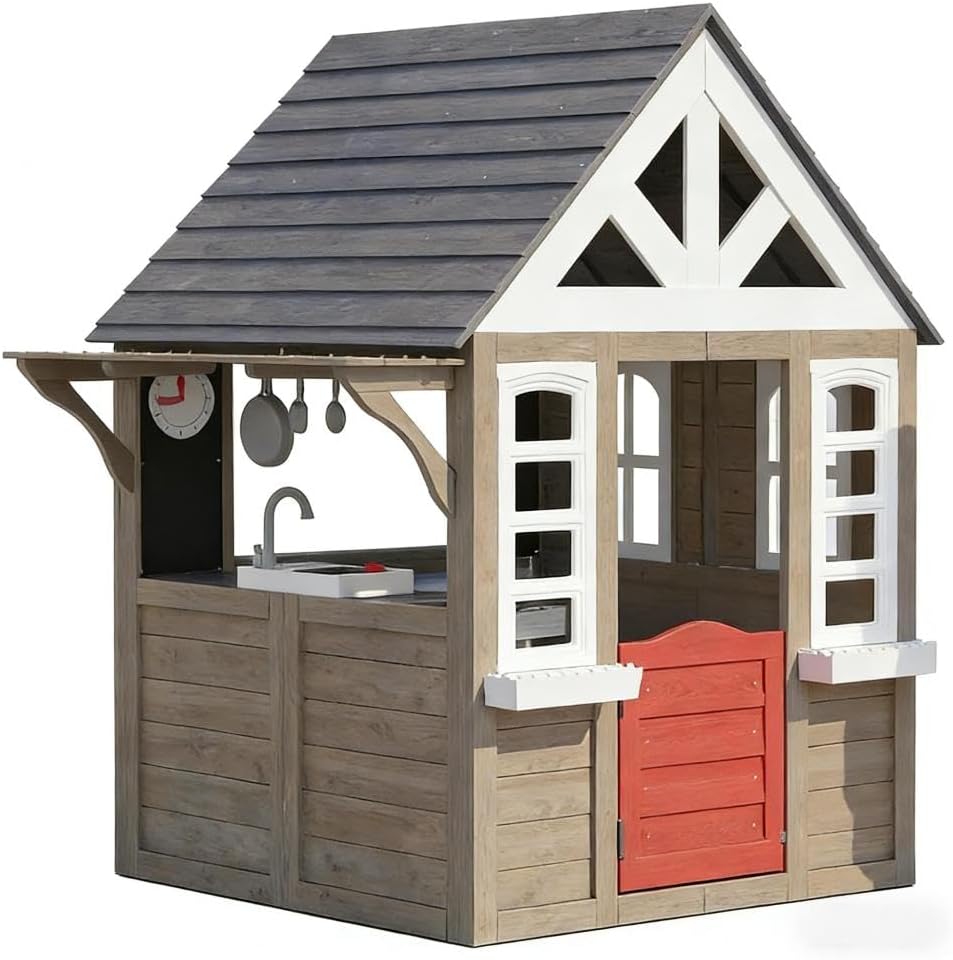 Wooden Playhouse for Kids: Ideal for Garden Adventures | Polypropylene and wood construction, gray finish, stove set