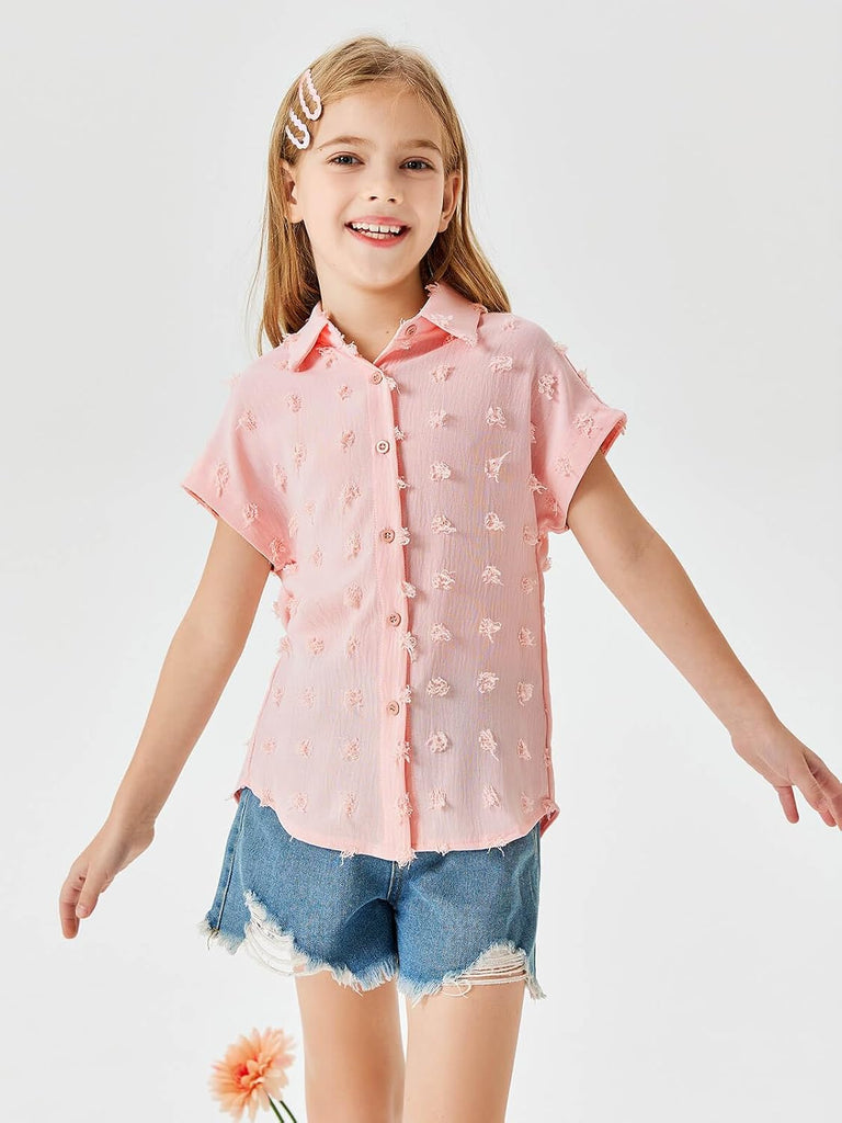 Girls Button Down Shirts Short Sleeve Kids Casual Chiffon Blouse Summer Tops T-Shirt