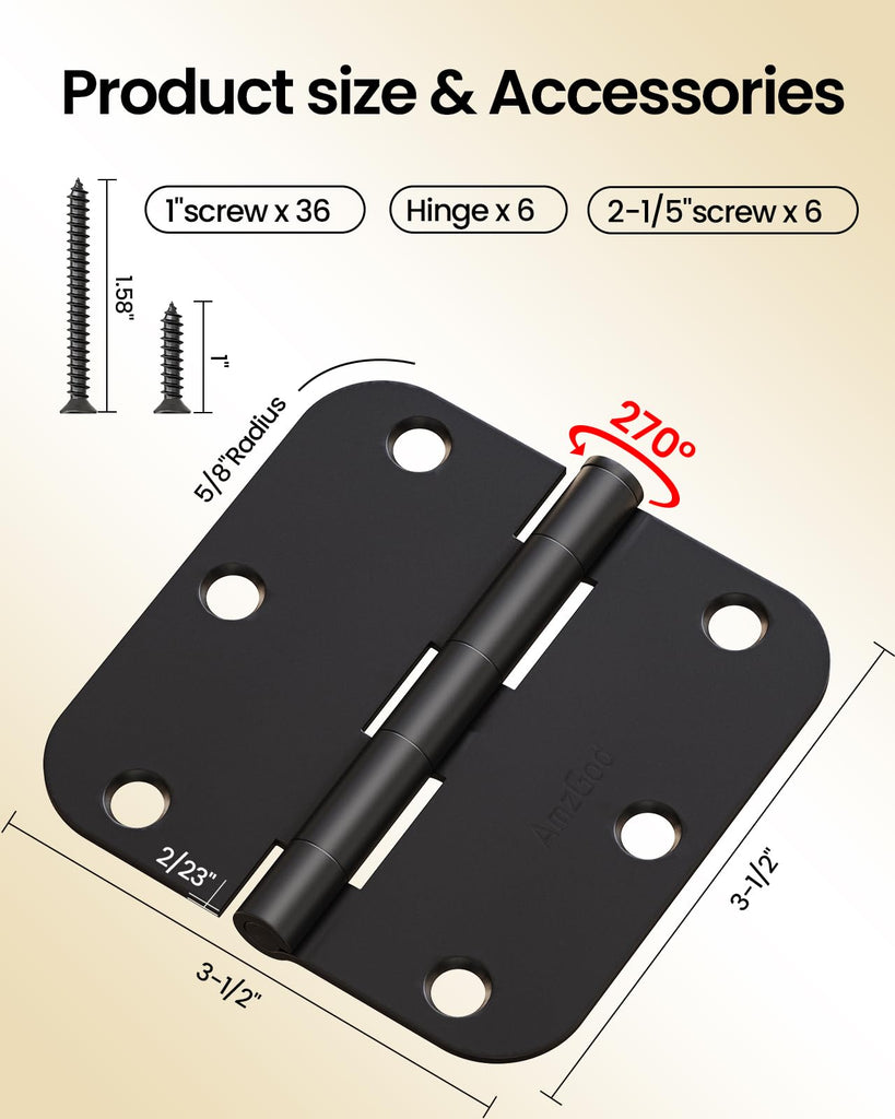 Black Door Hinges 6 Pack 3.5 Inch Rounded with 5/8" Radius Corners