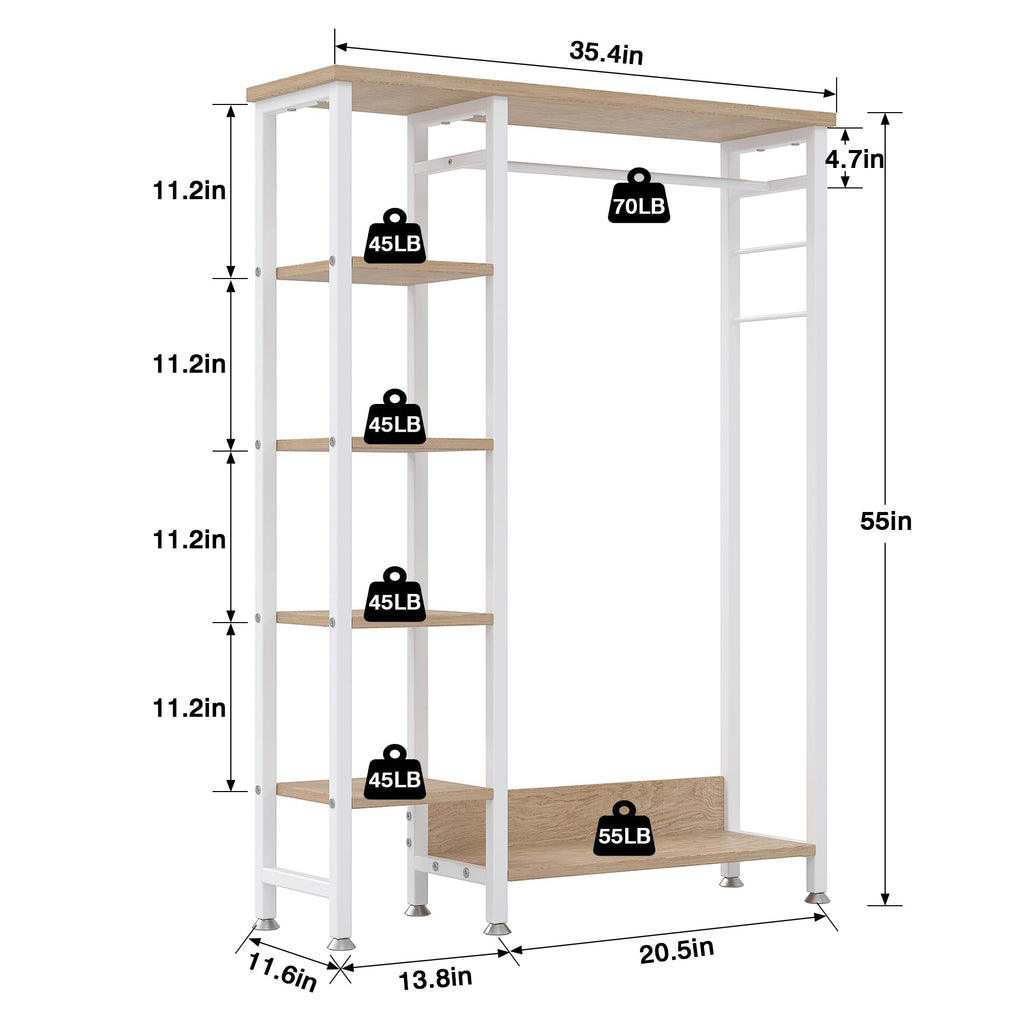 Open Garment Clothing Rack, Free-Standing Heavy Duty Storage Closet with 5 Shelves and Hanging Rod for Small Spaces
