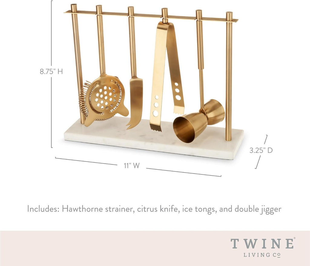 Bar Tool Set Includes Hawthorne Strainer, Citrus Knife, Ice Tongs, Double Jigger with Marble Display Stand - Set of 4