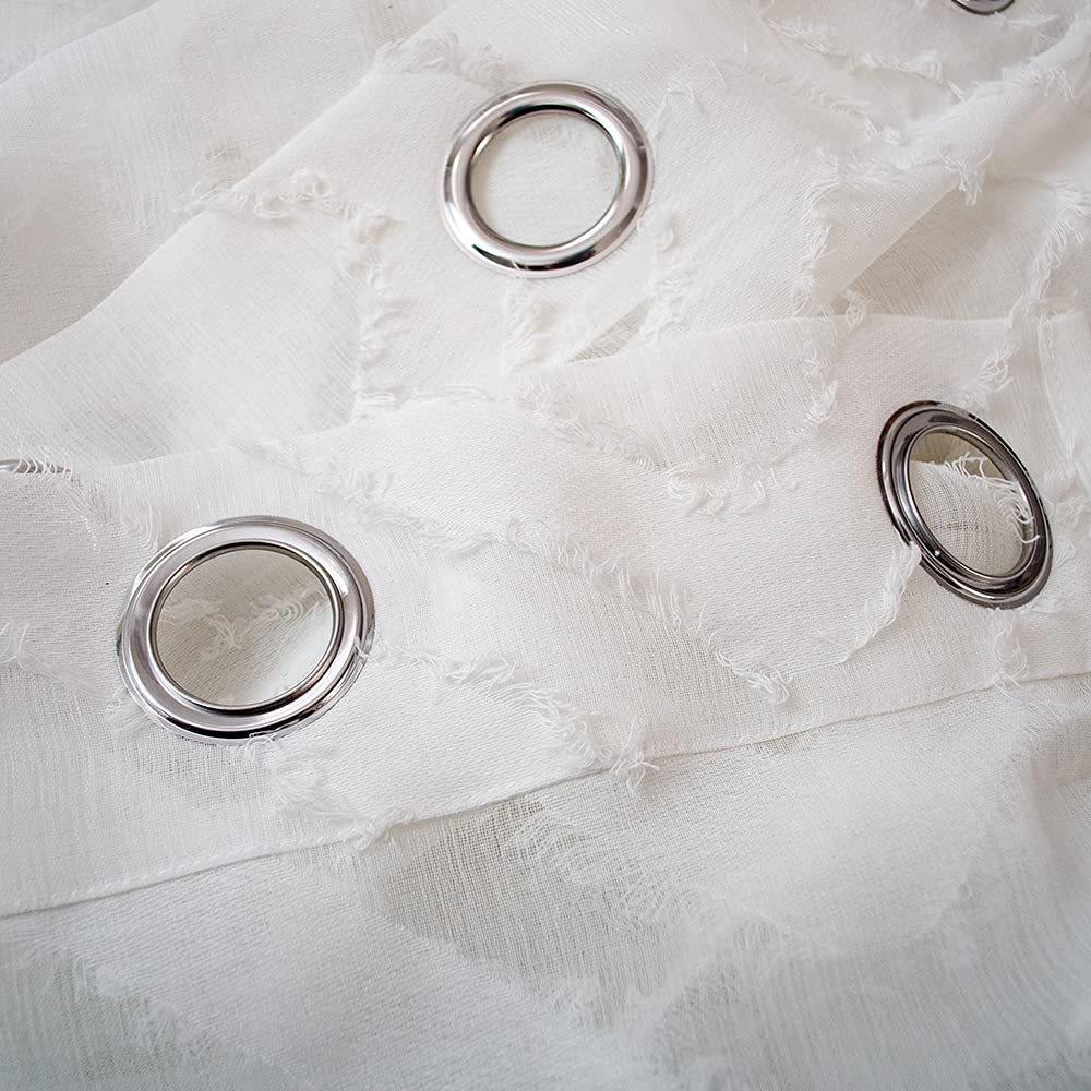 Shaggy Sheer White Curtains 84 inches Long, Diamond Patterned White Drapes Geometric Faux Linen Sheer Curtains
