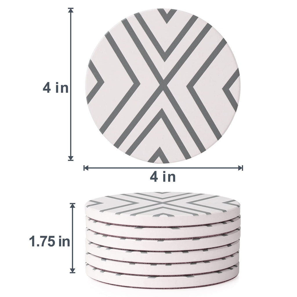6 Piece Absorbent Stone Coaster Set with Holder, Ceramic Drink Coasters, 4 Inch Farmhouse Coasters with Cork Base
