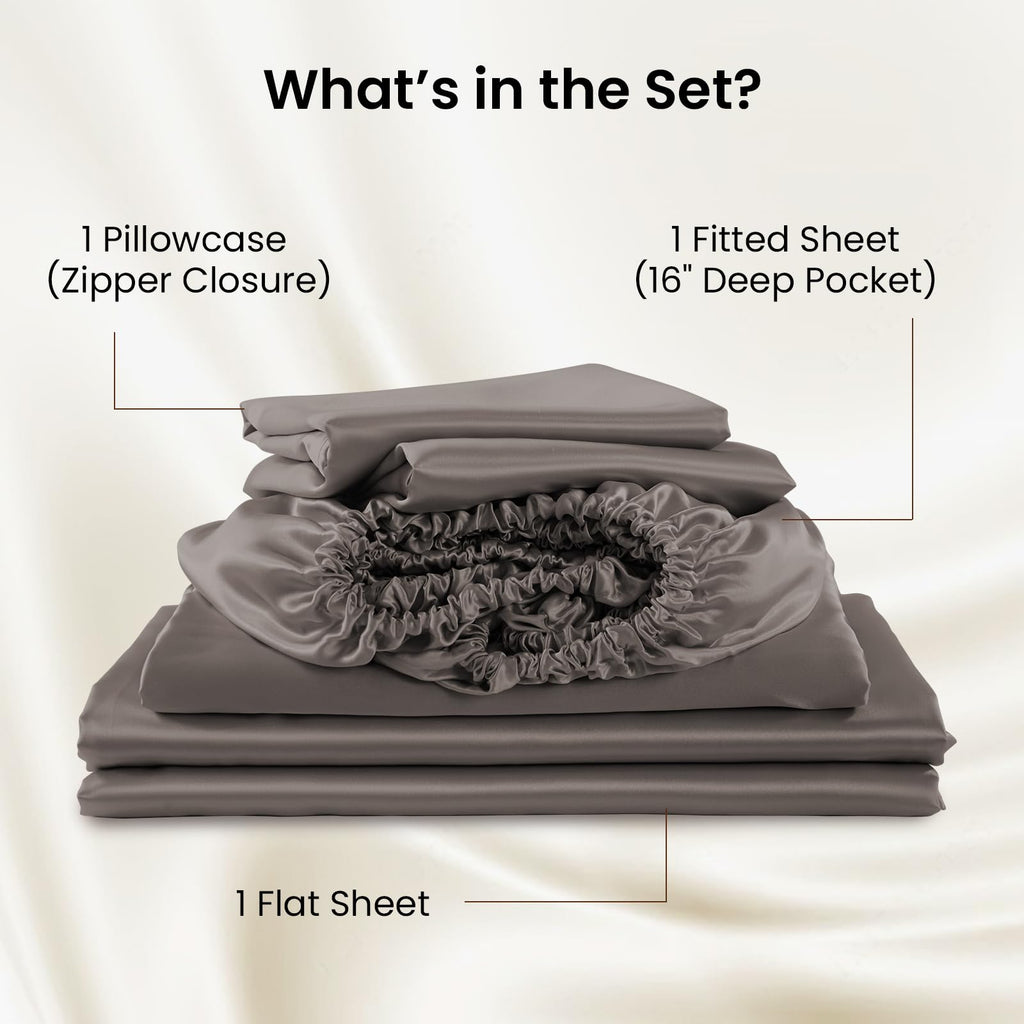 Mulberry Silk Twin Bed Sheets Set 3 Pieces, Charcoal