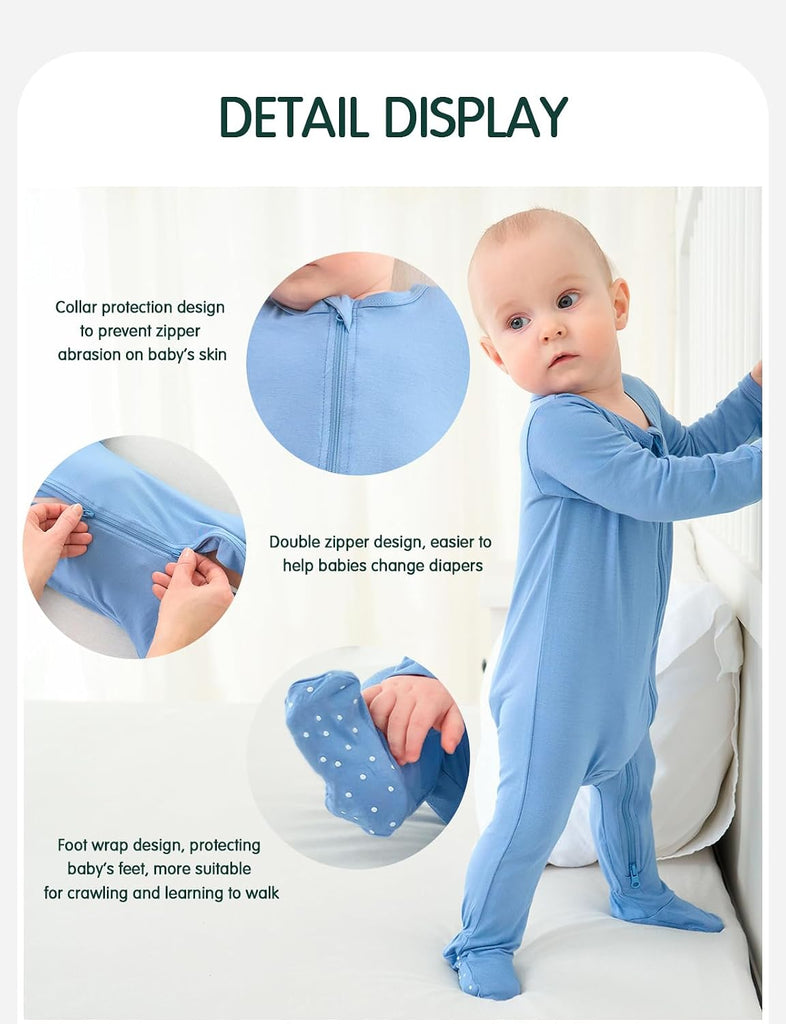 2 Pack Long Sleeve Bamboo Rayon Romper One-Piece Double Zipper Footies