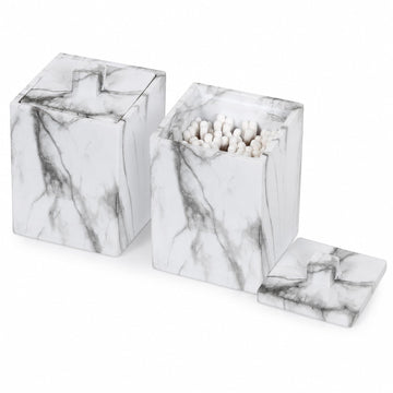 2-Pack Marble Pattern Cotton Swab Holders with Lids, Res Vanity Storage Jars, Square Qtip Containers for Cotton