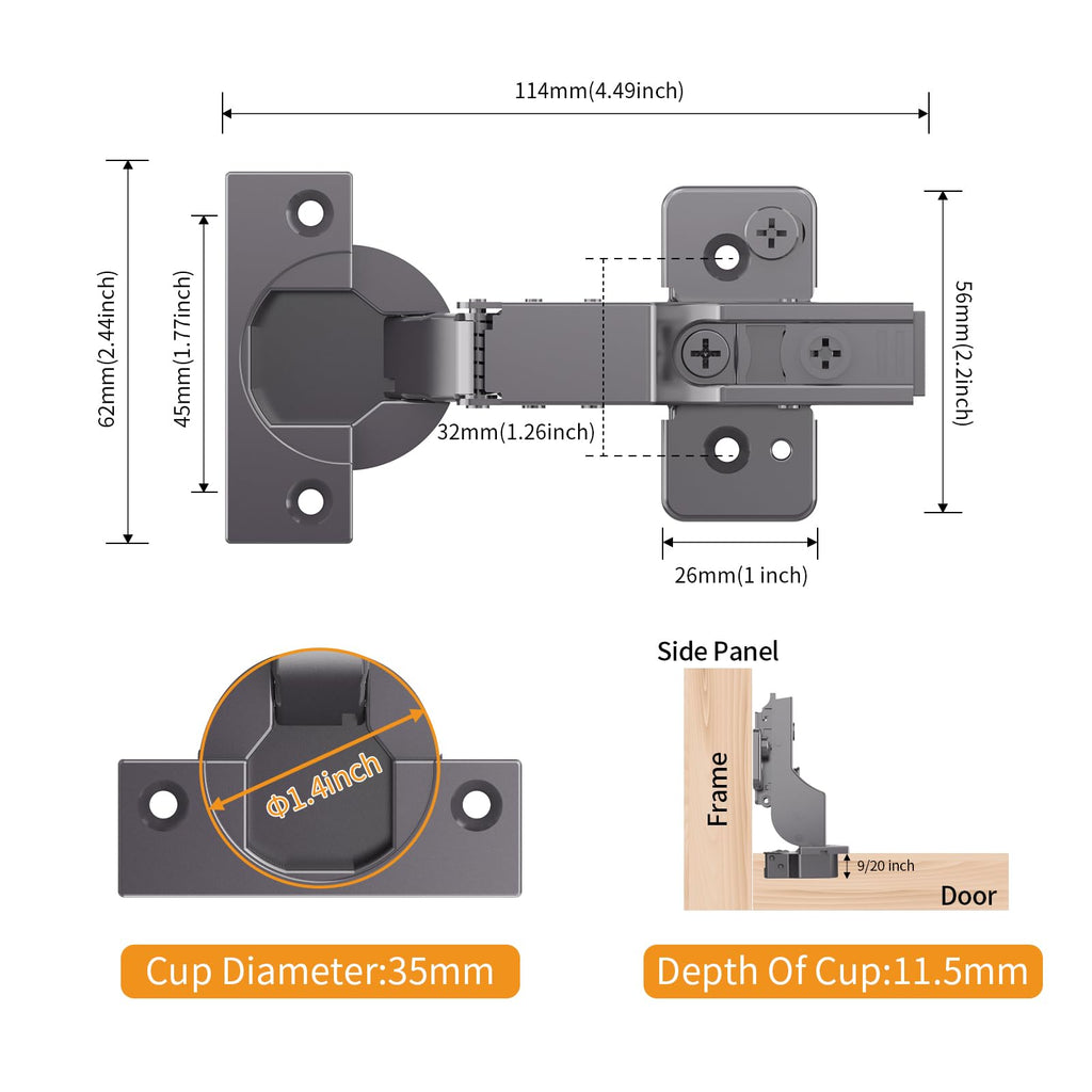 2 Pack Frameless Inset Soft Close Concealed Hinges, Black Titanium Plated, Self Closing, 105° Open Angle 3D