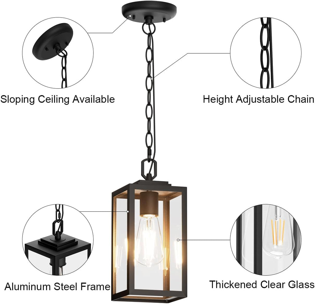 Modern Outdoor Pendant Light, 1-Light Outdoor Hanging Lantern Light, Matte Black Aluminum with Clear Glass