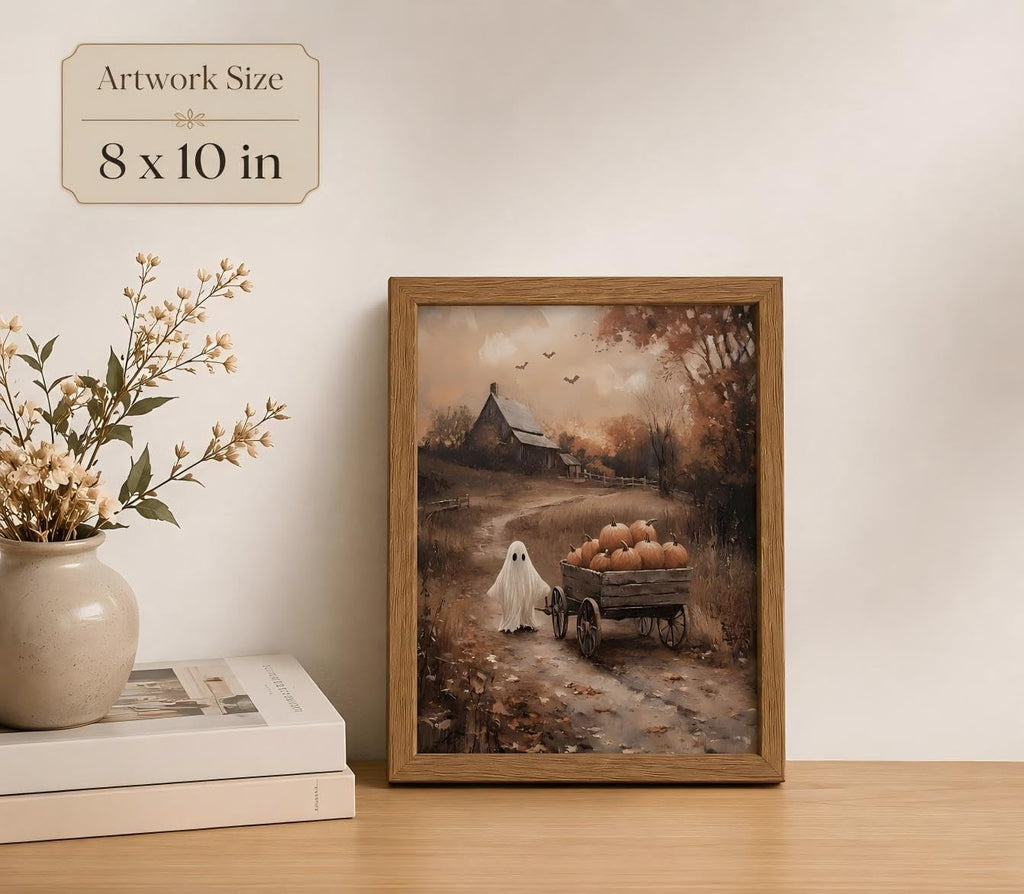 Framed Ghost Pumpkin Wall Art Vintage Halloween Canvas Print Rustic Farmhouse Autumn Cottagecore Spooky Countryside