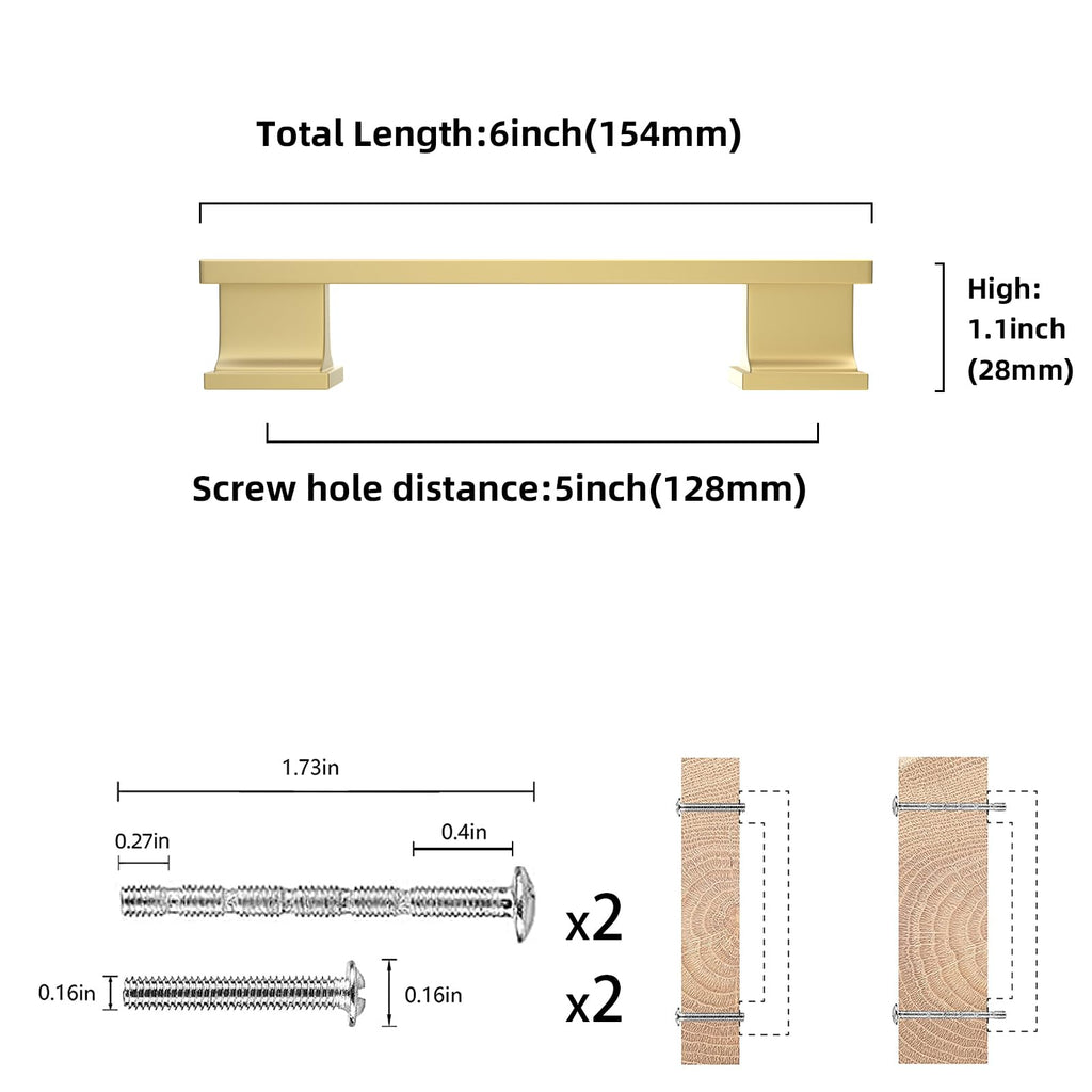 6 Pack 5 Inch(128mm) Brushed Brass Cabinet Handles Gold Kitchen Cabinet Pulls Cabinet Door Handles Kitchen Cabinet