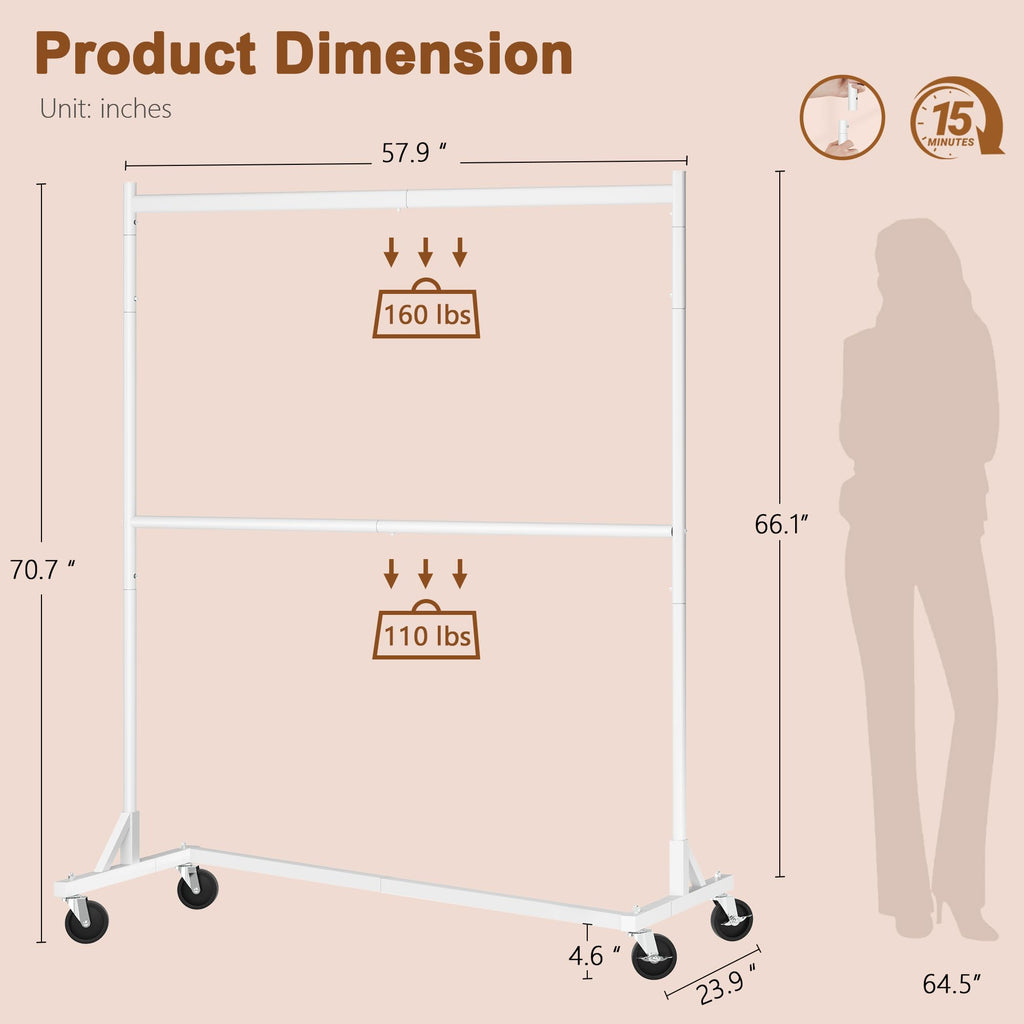 Double Rod Z Rack, Rolling Clothes Racks with Z-Base, Adjustable Clothing Rack, Standing Clothes Rack, Metal Clothing